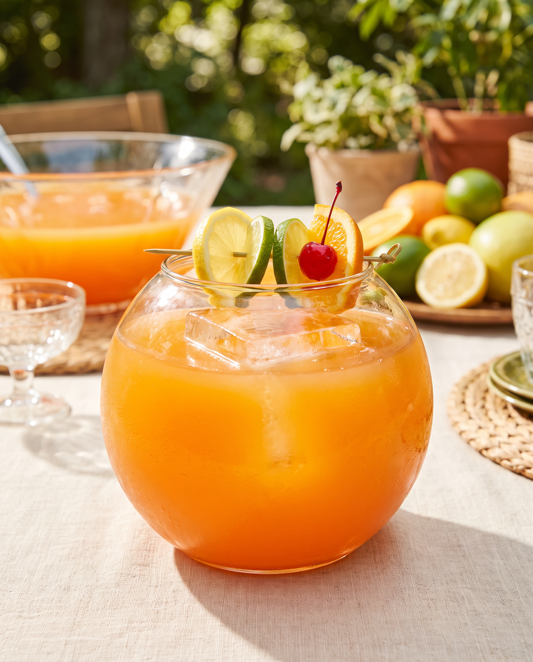 Whiskey Sour Punch in a fishbowl glass with lemon, lime, orange and a cocktail cherry