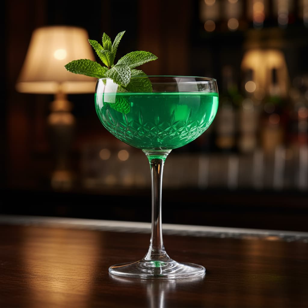 Emerald Isle cocktail in a coupe on a bar