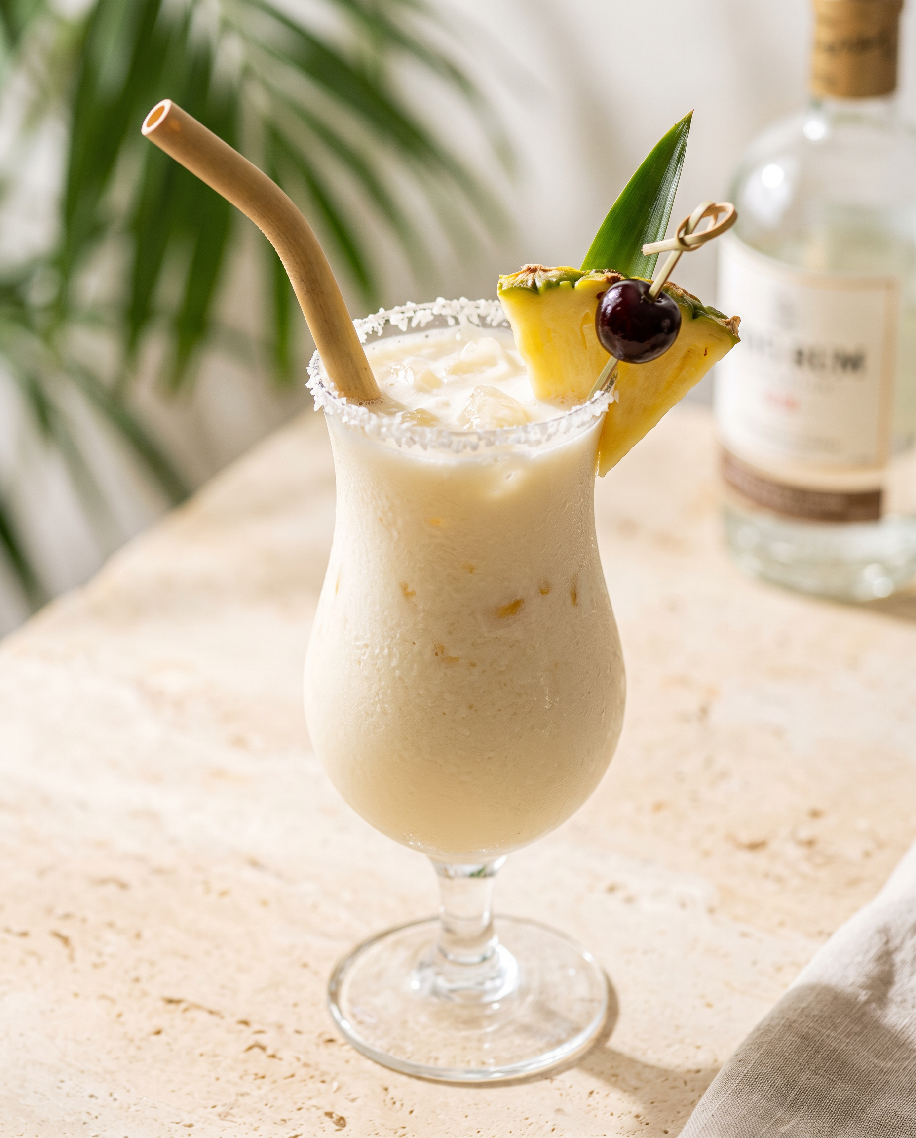 Non-alcoholic Piña Colada in a hurricane glass with pineapple and a cocktail cherry