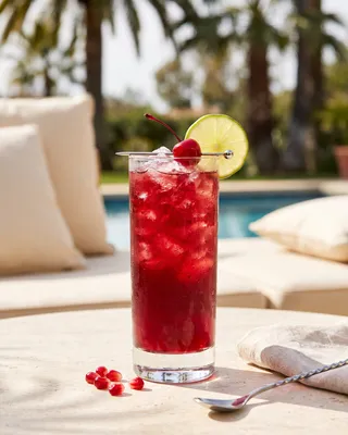 Shirley Temple in a highball glass with cocktail cherries and lime