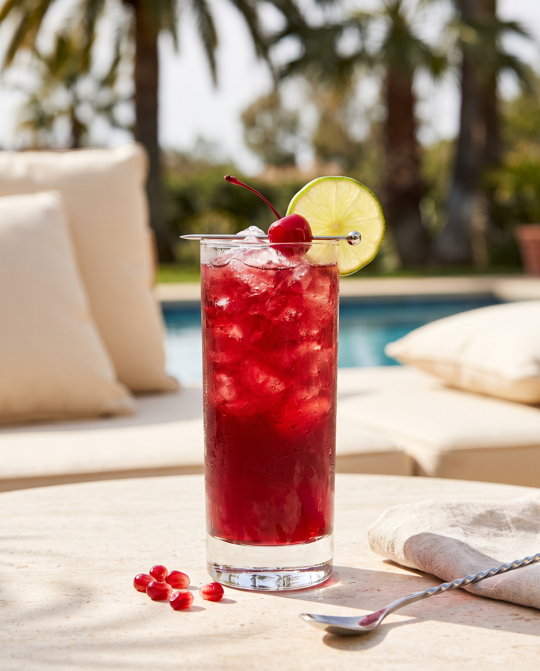 Shirley Temple in a highball glass with cocktail cherries and lime