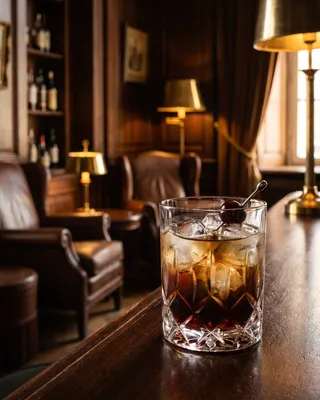 Black Russian in a rocks glass with a cocktail cherry