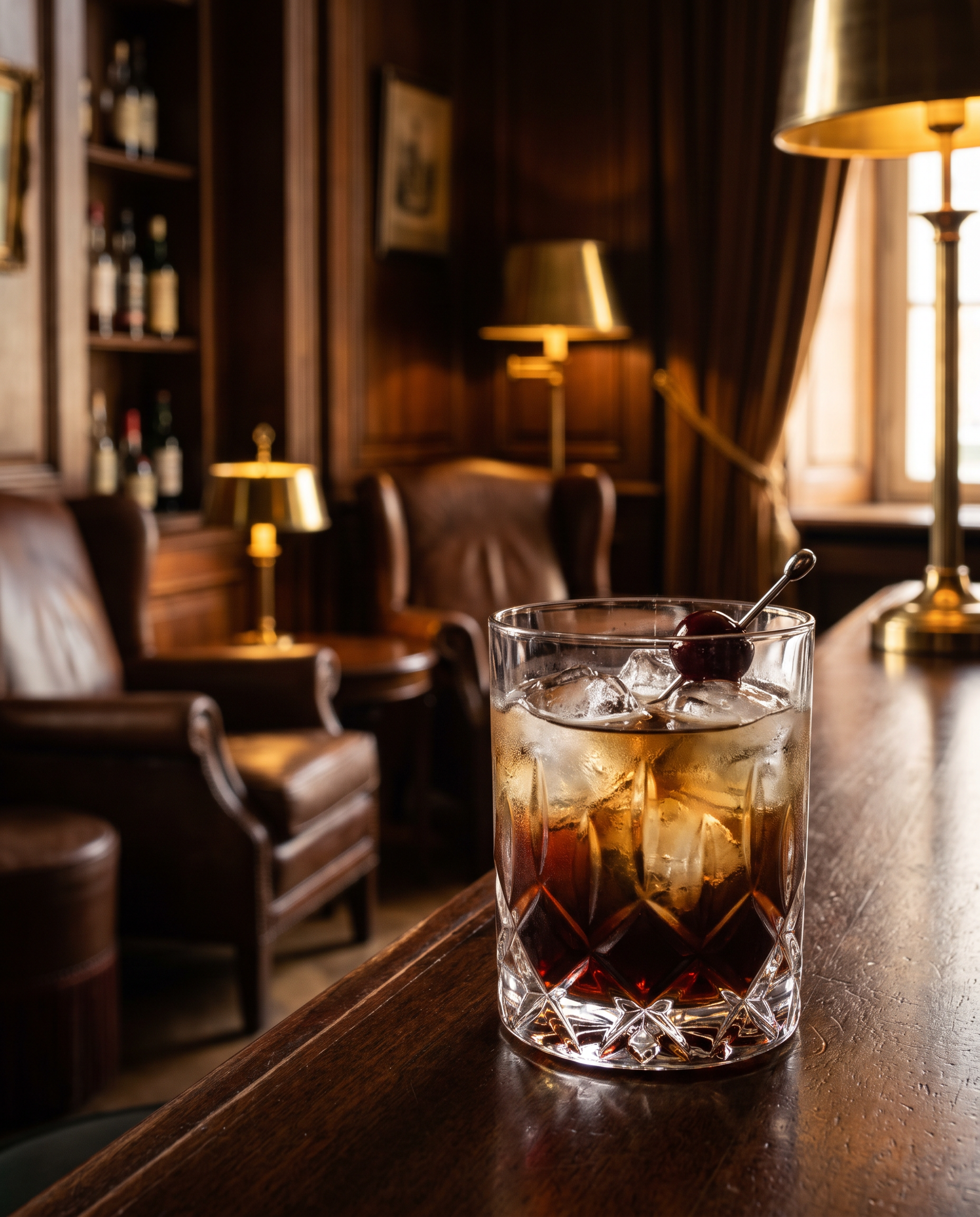 Black Russian in a rocks glass with a cocktail cherry
