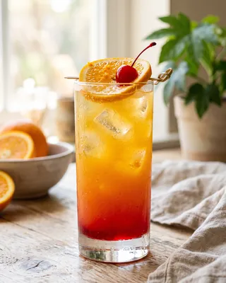 Non-alcoholic Tequila Sunrise in a highball glass with orange and a cocktail cherry