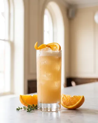 Morning Glory Fizz in a highball glass with orange