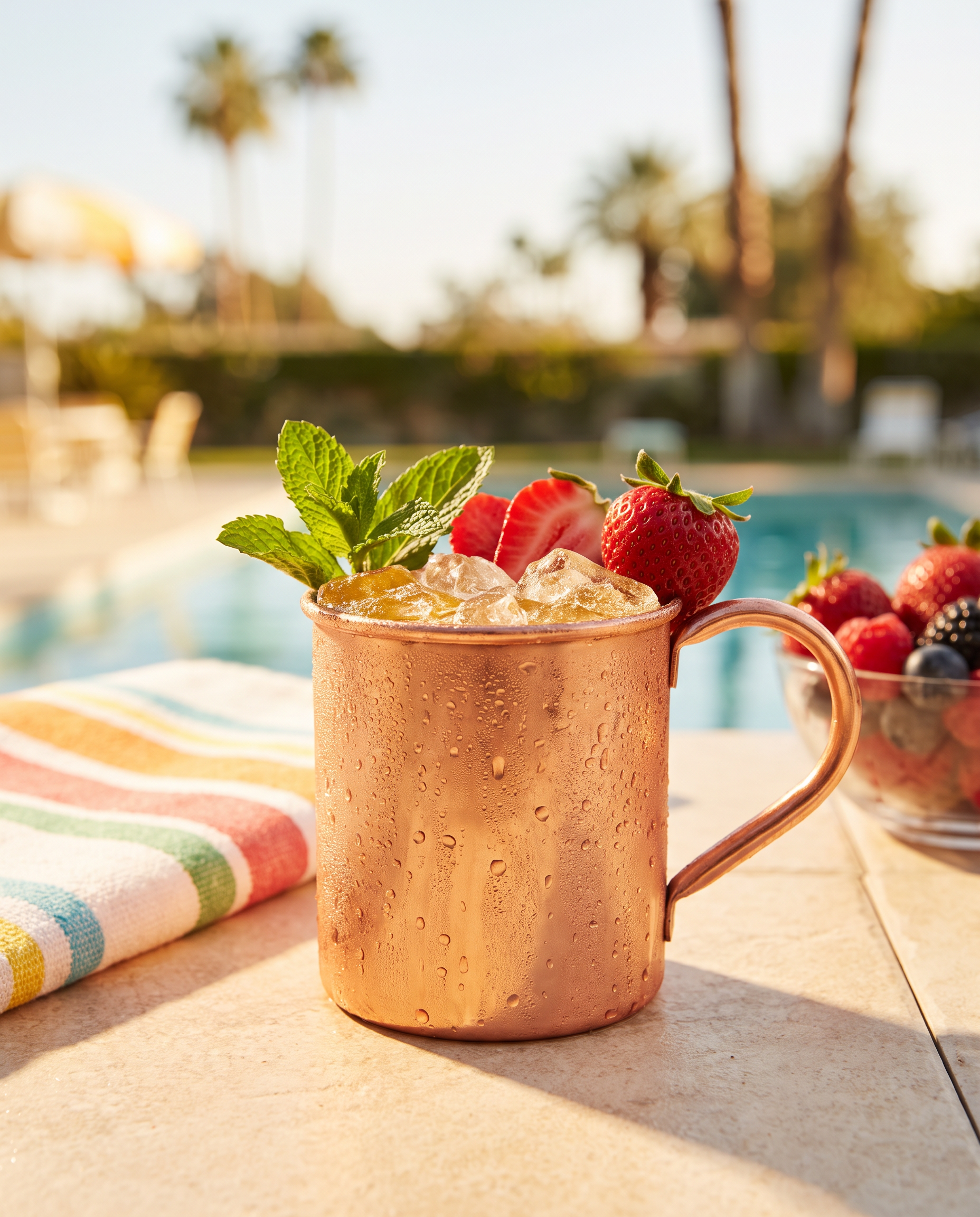 Strawberry Mule in a copper mug with strawberry and mint