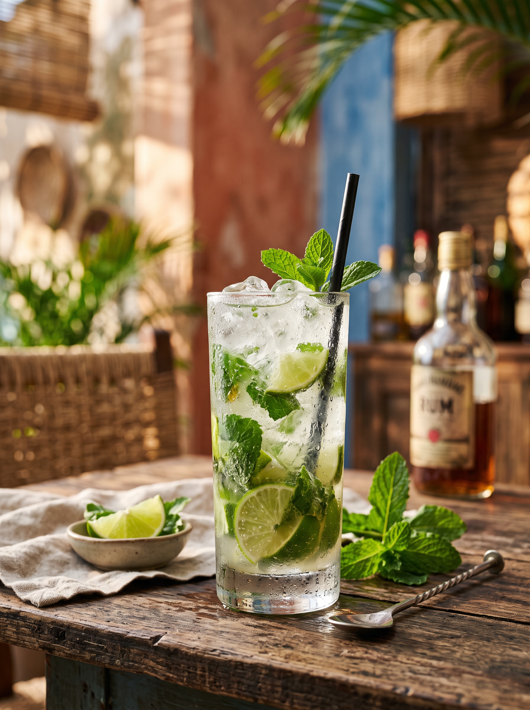 Mojito cocktail with lime, rum and mint served in a tall glass