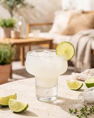 Rhubarb Margarita in a Margarita glass with lime