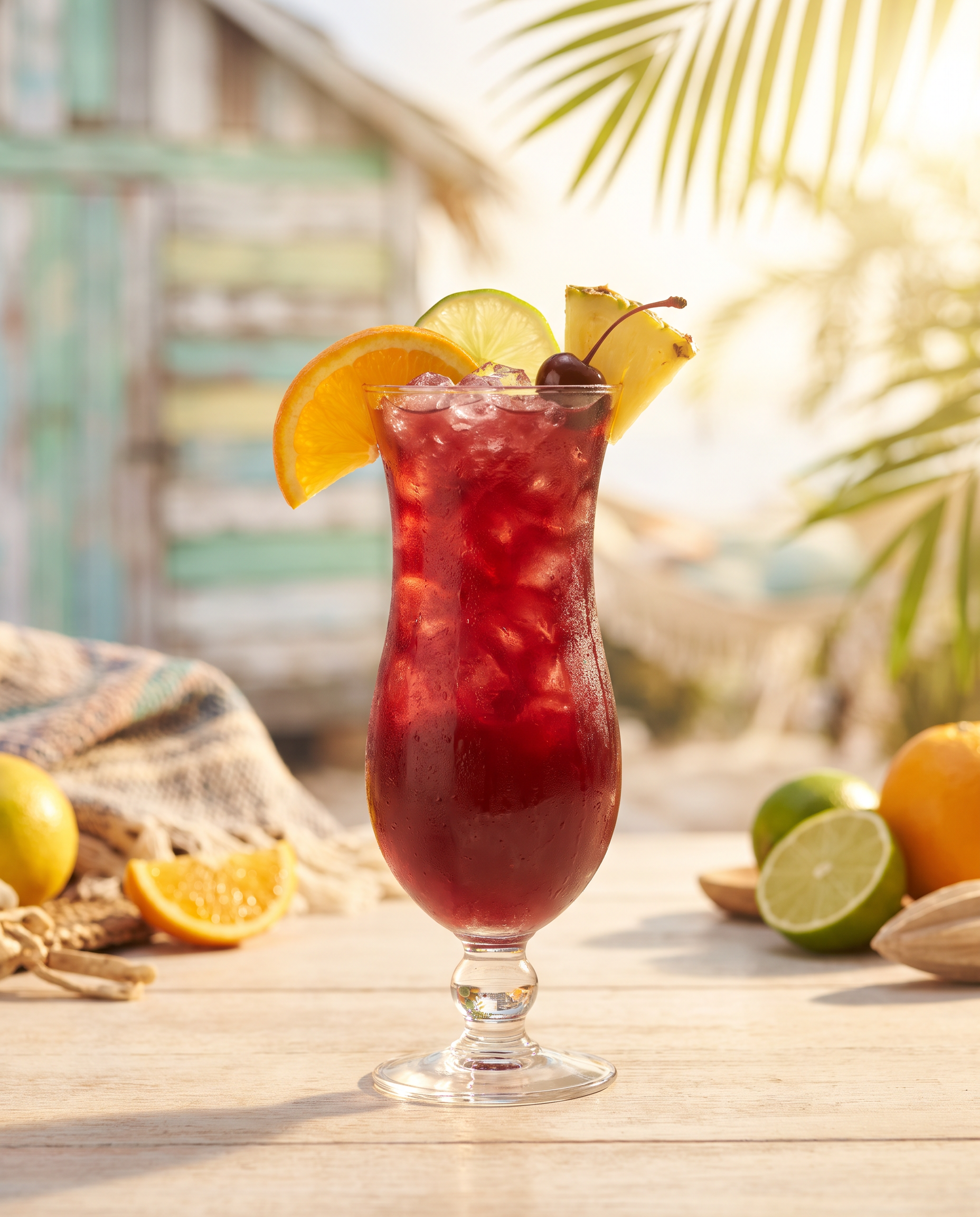 Rum Punch in a hurricane glass with orange, lime, pineapple and a cocktail cherry