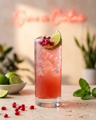 Tequila Diablo Rojo in a highball glass with pomegranate and lime