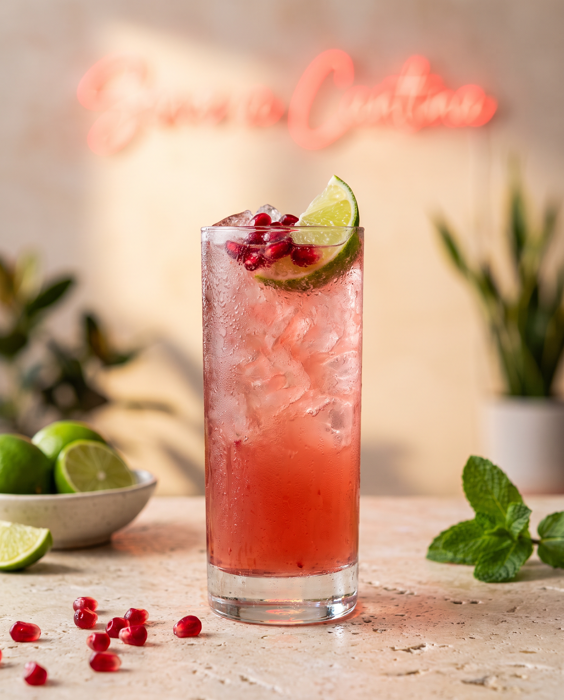 Tequila Diablo Rojo in a highball glass with pomegranate and lime