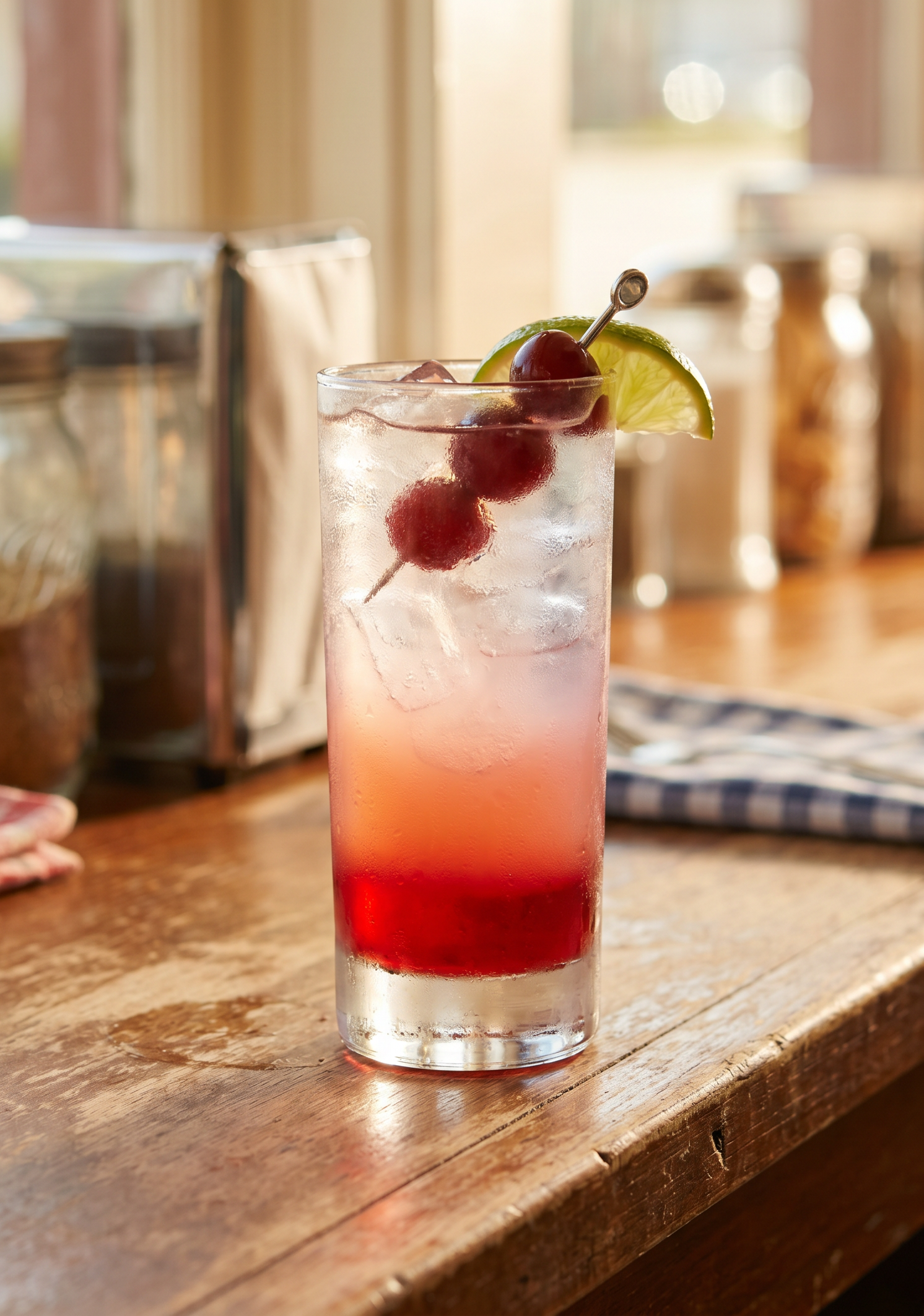 Dirty Shirley in a highball glass with cocktail cherries and lime