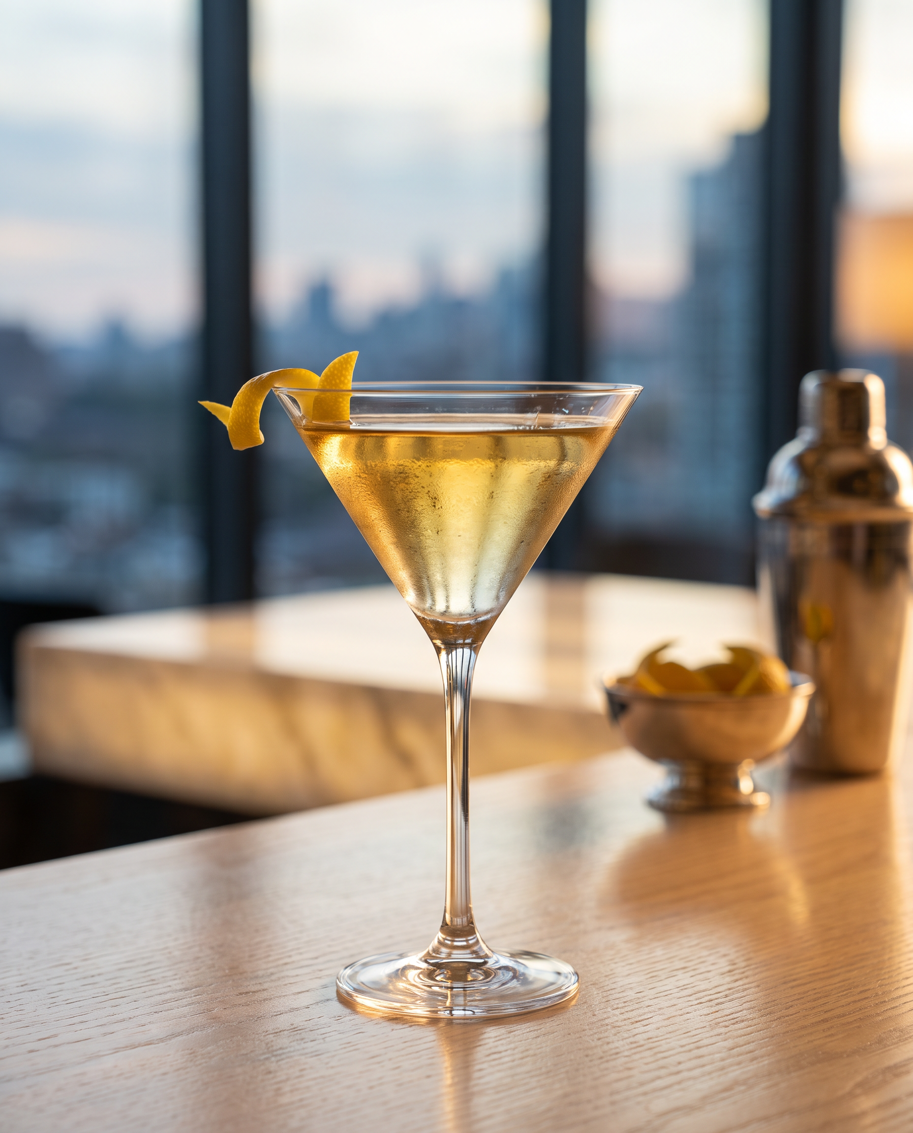 Dry Martini in a martini glass with lemon