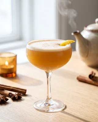Spiced Chai Gin Sour in a coupe with lemon