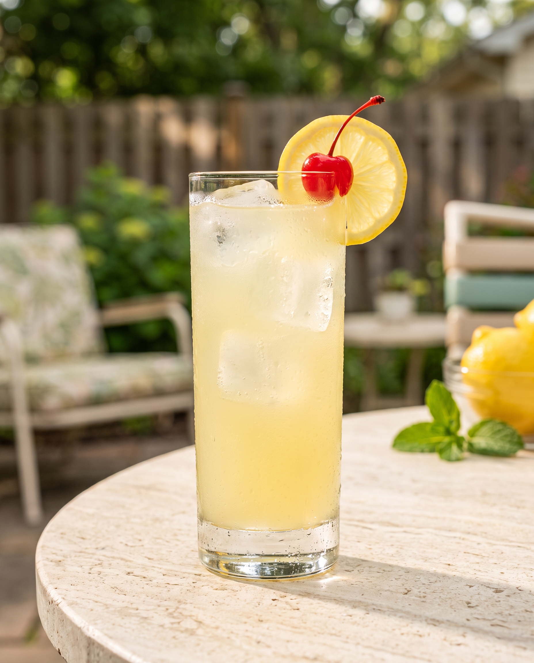 Vodka Collins in a Collins glass with lemon and a cocktail cherry