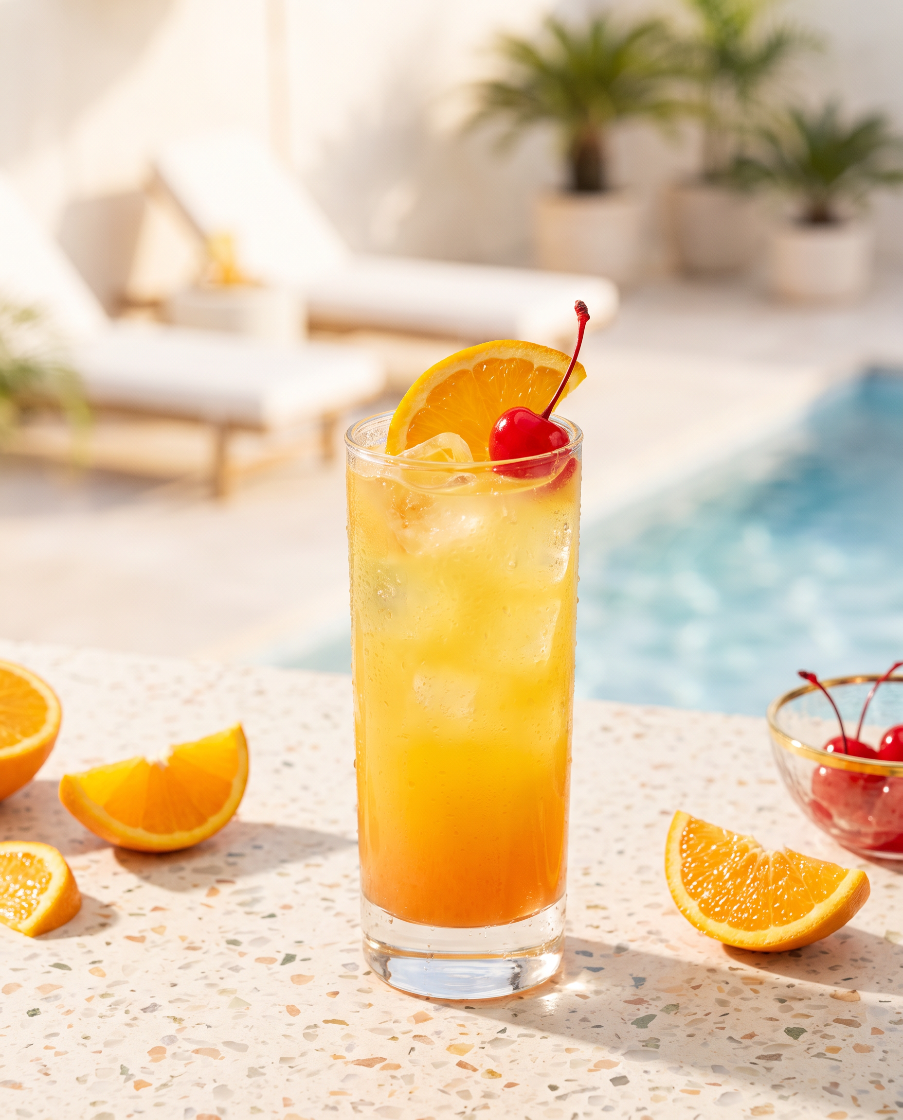 Harvey Wallbanger in a Collins glass with orange and a cocktail cherry