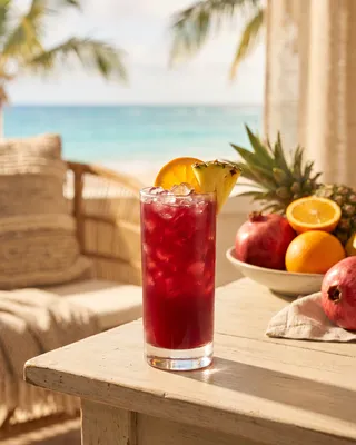 Rum Swizzle in a highball glass with orange and pineapple