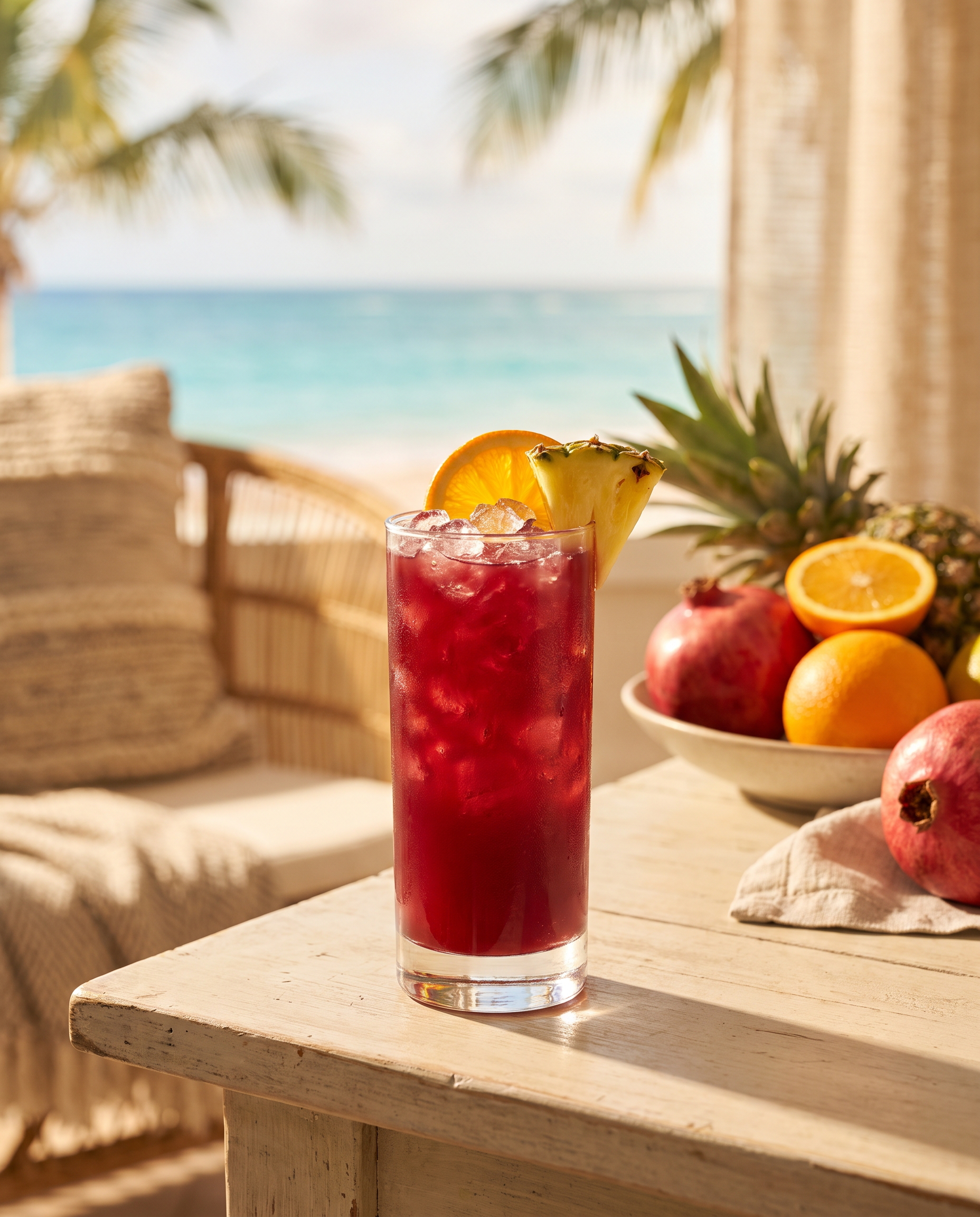 Rum Swizzle in a highball glass with orange and pineapple