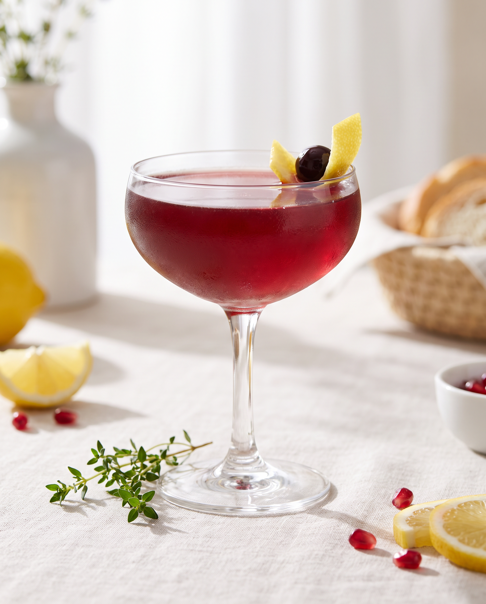 Pink & Bubbly Cocktail in a coupe with lemon and a cocktail cherry