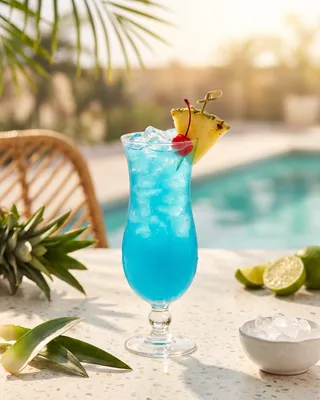 Blue Hawaiian in a hurricane glass with pineapple and a cocktail cherry