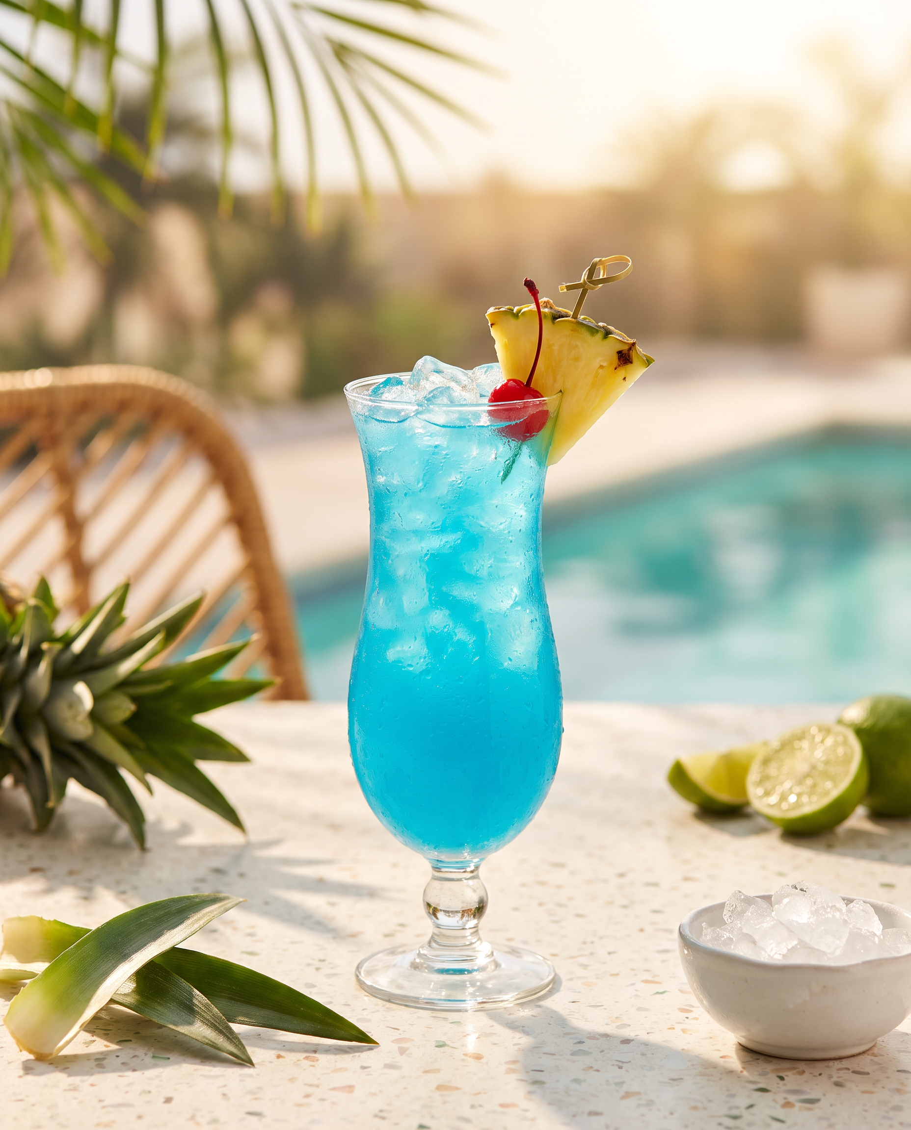 Blue Hawaiian in a hurricane glass with pineapple and a cocktail cherry