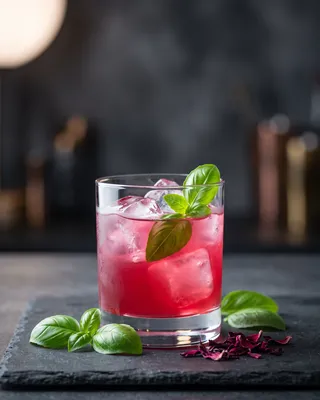 Deep raspberry-pink hibiscus and basil sour served over clear ice in a chilled double old fashioned glass, garnished with fresh basil on a dark slate bar surface.