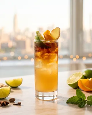 Añejo Highball in a highball glass with lime, orange and ginger