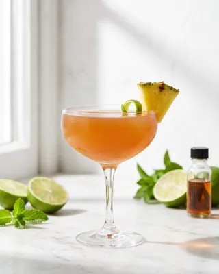 G.E.M. Cocktail in a coupe with pineapple and lime