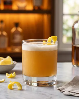 Monkey Jam Sour in a rocks glass with lemon