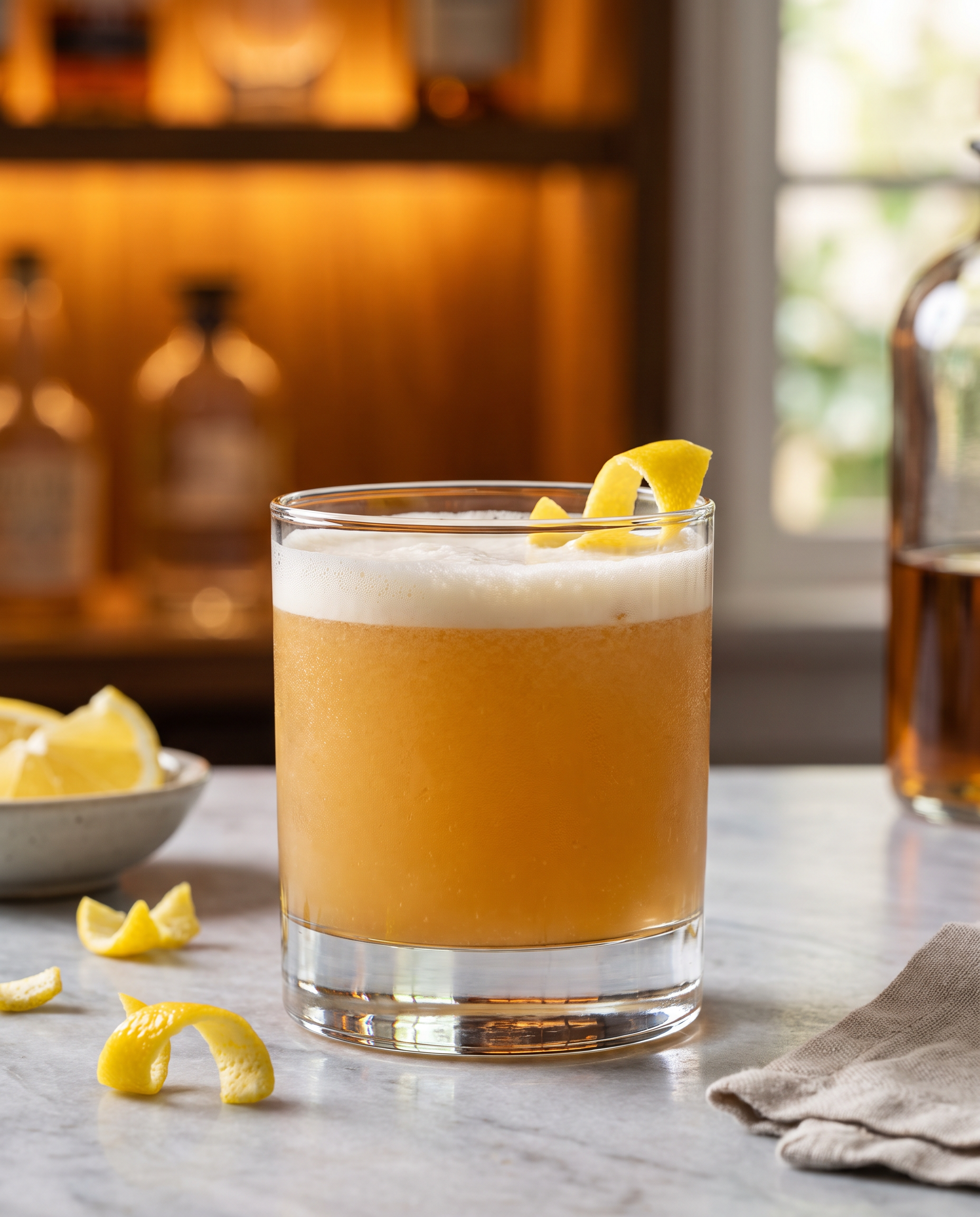 Monkey Jam Sour in a rocks glass with lemon