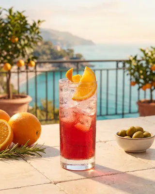 Campari Soda in a highball glass with orange