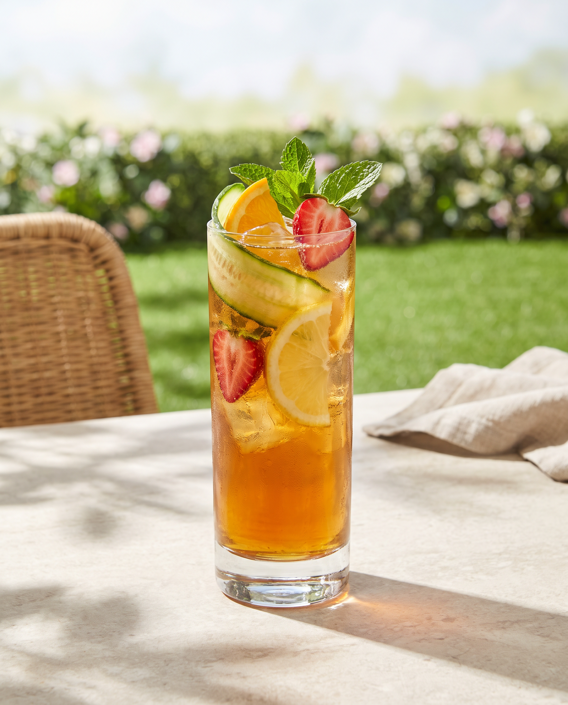 Pimm's Cup in a Collins glass with cucumber, orange, lemon, strawberry and mint