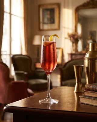Kir Royale in a Champagne flute with lemon