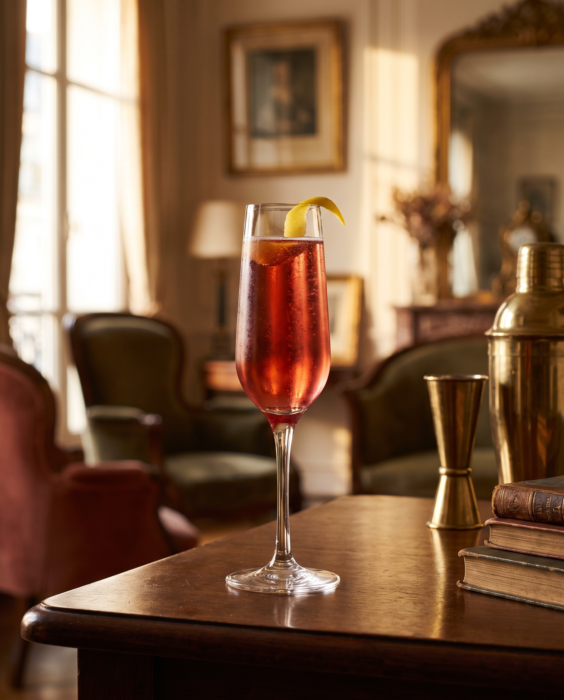 Kir Royale in a Champagne flute with lemon