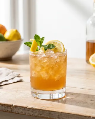 Whiskey Smash in a rocks glass with lemon and mint