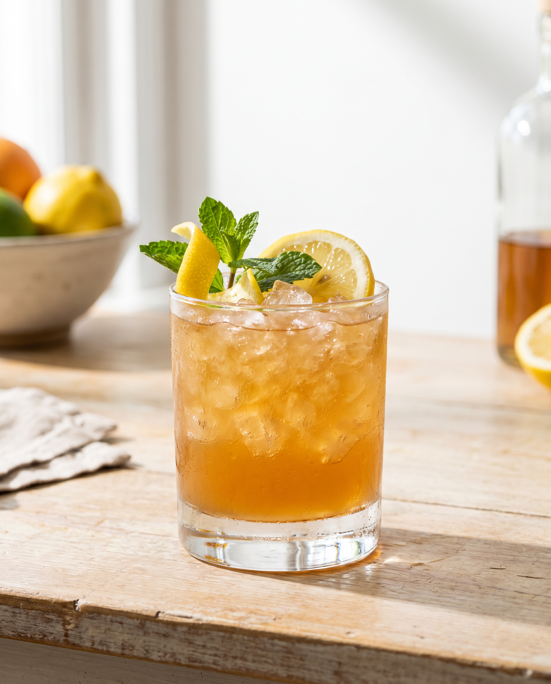 Whiskey Smash in a rocks glass with lemon and mint