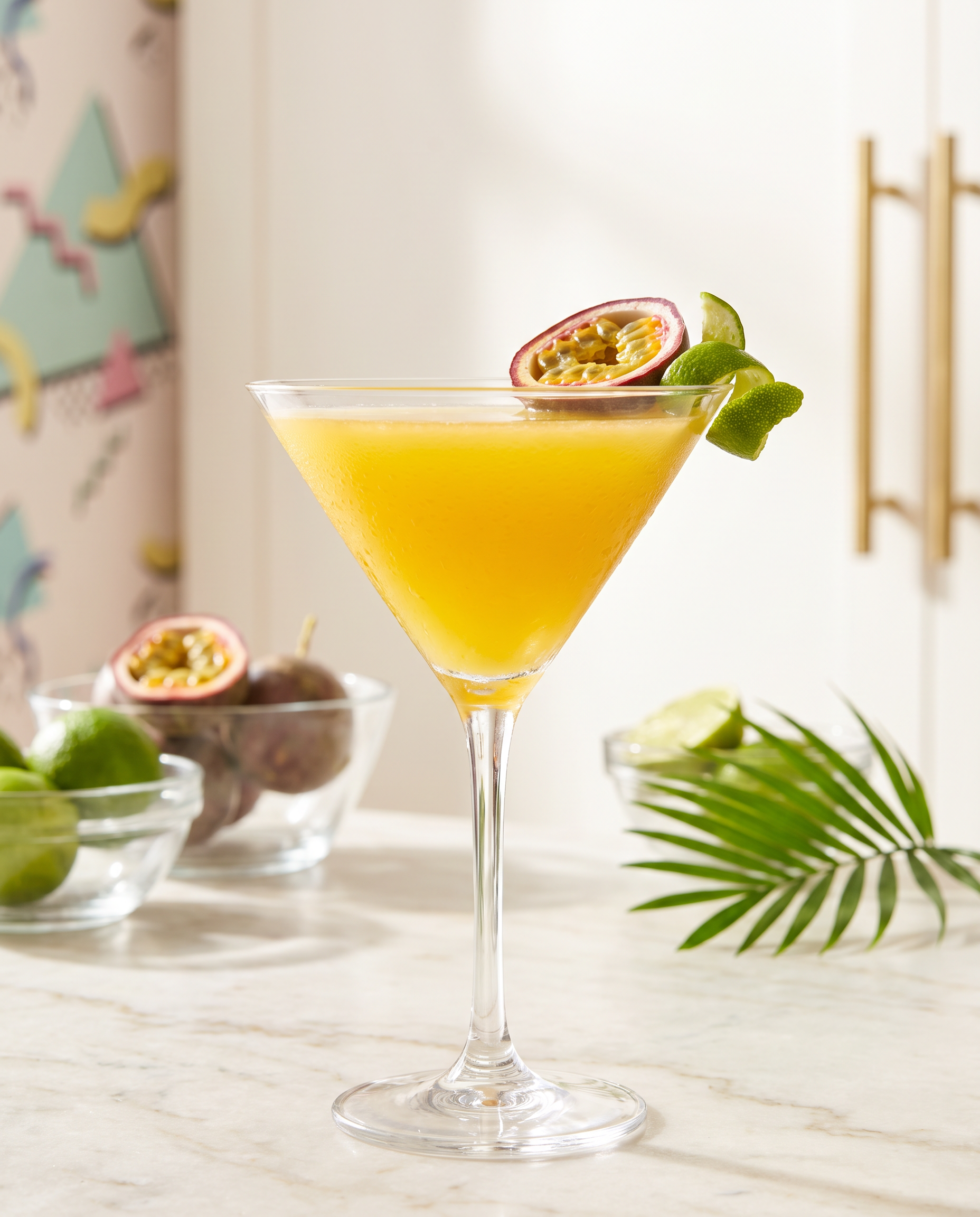 Passion Fruit Martini in a martini glass with passion fruit
