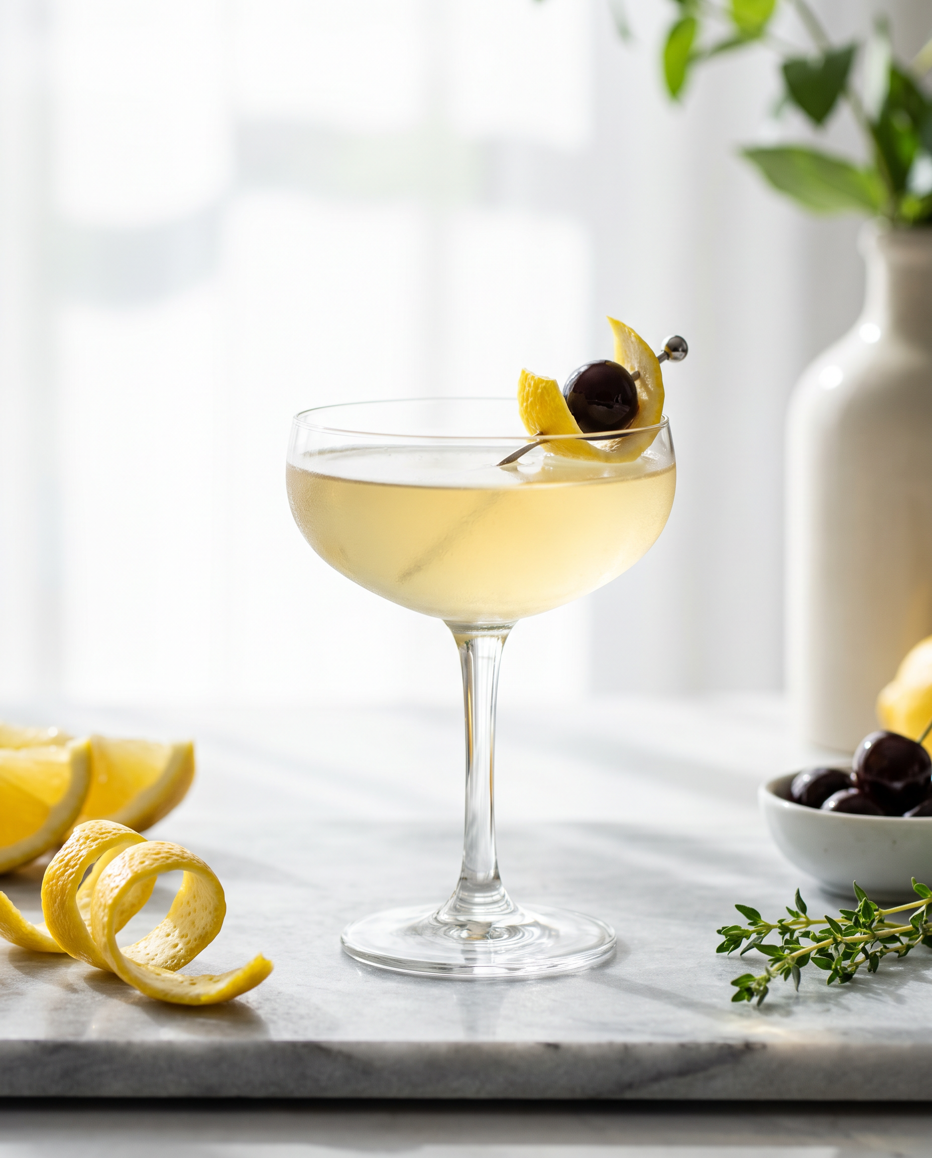 Tuxedo Cocktail in a coupe with lemon and a cocktail cherry