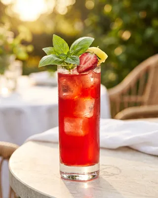 Strawberry Basil Smash (alcohol-free) in a Collins glass with basil, strawberry and lemon