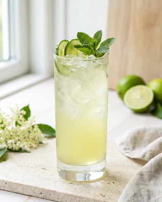 Cucumber & elderflower cooler in a Collins glass with cucumber and mint
