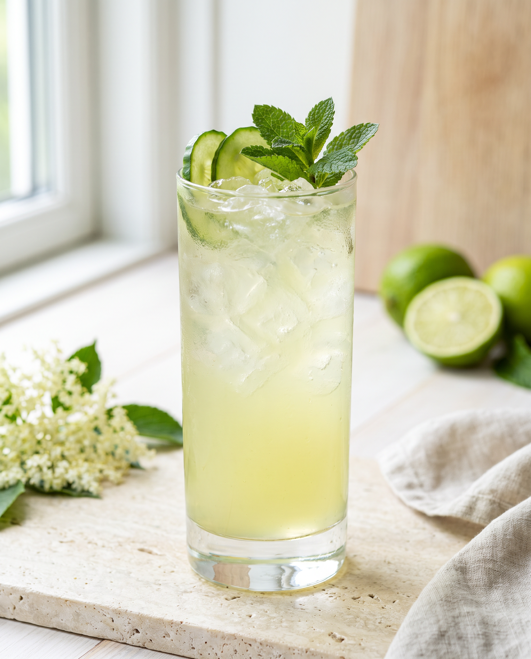 Cucumber & elderflower cooler in a Collins glass with cucumber and mint